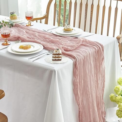Tischläufer Altrosa – Boho Käsetuch Gaze Tischdecke, Chiffon Musselin Tischläufer Rosa für Hochzeit, Babyparty, Geburtstag, Rustikale Tischdeko & Dekostoff Vintage Stil für Feste und Anlässe 90x300 cm