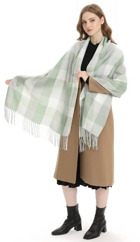 Miss Lulu Sciarpa Donna Inverno Grande Avvolgente, Morbida e Calda Sciarpa Tartan con Frange, Scialle Oversize Poncho per Autunno Inverno (Verde e bianco)