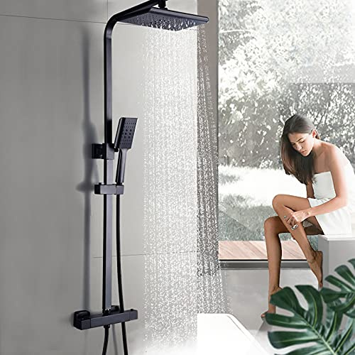 TFGXUE Duschset ohne Armatur, Verchromtes, Duschsystem Thermostat, Einstellbar Regendusche ohne Armatur, Quadratisch Regenbrause 18 x 27 cm, Schwarz