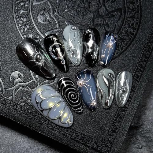 Xanthelle Press on Nails, 24 Stück Gothic Handmade Medium Almond Fake Nails & 3D Schmetterling Design, Punk Schwarze Nägel zum Aufkleben mit Silberstern für Frauen