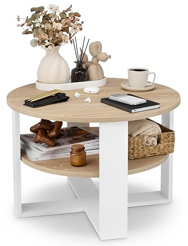 defiPad Couchtisch rund Ø70 cm mit Ablage, Weiß/Sonoma Eiche | 18-mm-Möbelplatte, 2 Ebenen, in Europa gefertigt, pflegeleichte Oberfläche, stabile Konstruktion, einfache Montage