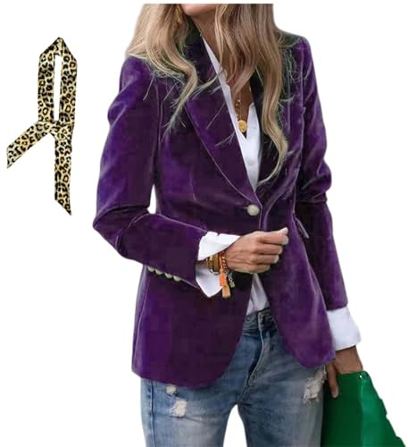 Blazer en velours pour femme, veste de costume d'affaires boutonnée à revers ouvert sur le devant, tenue tendance pour l'automne et l'hiver, violet, L