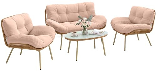 Outsunny Conjunto de Jardín Exterior de Ratán, Muebles Jardín Exterior 4 Piezas, con Cojines, Sofá Doble, 2 Sillones y Mesa de Centro de Cristal, Estructura de Metal, Beige