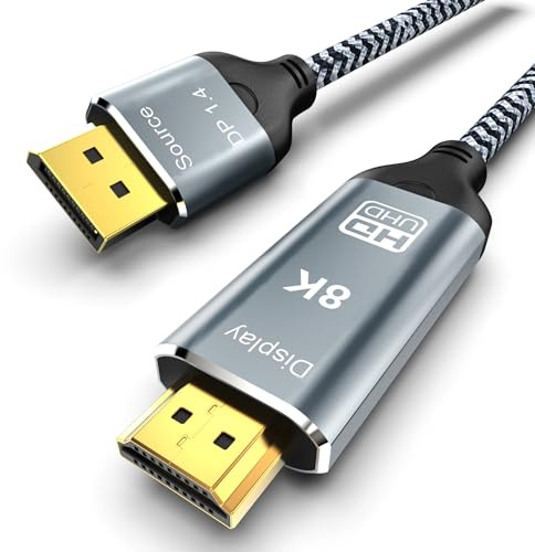 DGHUMEN 8K DisplayPort 1.4 zu HDMI 2.1 Kabel 3 m, 8K 60Hz 4K 120Hz 144Hz 2K 240Hz, HDR, Nur von DP zu HDMI FürAMD, NVIDIA und PC Laptop zu Monitor TV Projektor Ultra Schnell Stabil