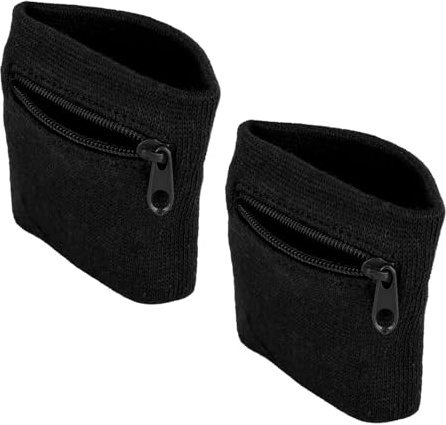 2 Pièces Bracelet Sport Eponge avec Poche Zippée, Bandeau Poignet Anti Transpiration pour Running Tennis Fitness, Rangement Clés Monnaie, Absorbant et Respirant, Accessoire Course a Pied, Noir
