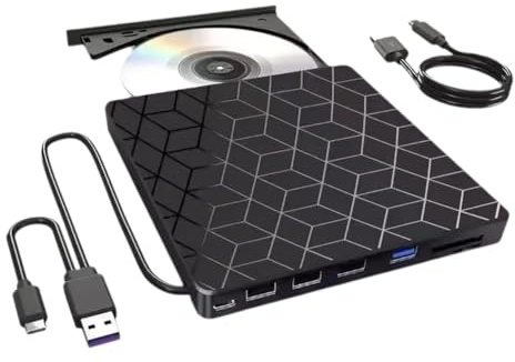 Kaknozix Lecteur CD/DVD Externe 7 en 1 : Lecteur, Graveur et Enregistreur CD-RW/DVD pour PC, USB 3.0 et Type C