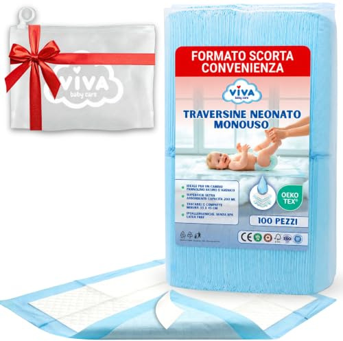VIVA baby care Traversine Neonato Fasciatoio 100 Pezzi 45x33cm OEKO-TEX® , Traverse Neonato Monouso Impermeabili e Assorbenti, Teli Cambio Pannolino Lettino e Fuori Casa con Borsa PVC omaggio