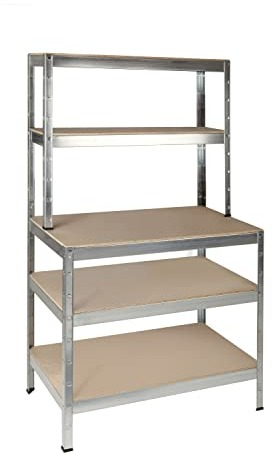 SCHULTE Regalwelt Schwerlastregal mit 5 Holzböden, 180x100x36/60 cm (HxBxT), Traglast pro Ebene ca. 200 Kg, verzinkt, Werkbank, Lagerregal, Kellerregal, Werkstattregal, Steckregal