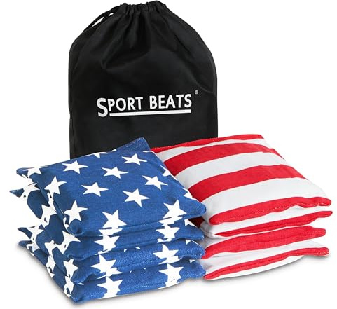 SPORT BEATS Cornhole Bags Set of 8 - Regulation Size & Weight Bean Bags, Heavy Duty Double-Stitched Canvas for Tailgating, Outdoor Backyard Game Accessories with Carry Tote Stars & Stripes