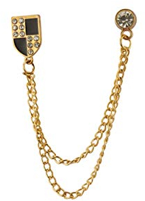 Knighthood Broche pour homme - Bouclier doré avec détails en pierre émaillée noire - Pour manteau, costume, cadeau de mariage, fête, col de chemise, Métal