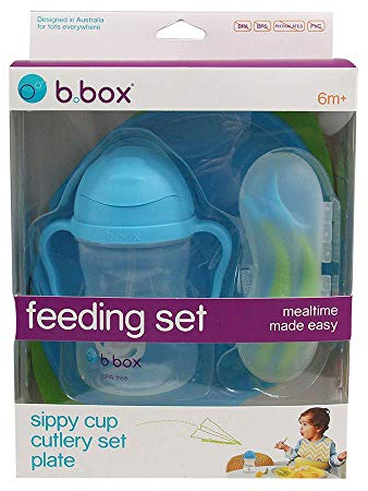 b.box - Set di alimentazione in silicone con piastra divisa e 2 cucchiaini morbidi da autoalimentare, con bavaglino regolabile facilmente da pulire | Ocean Breeze