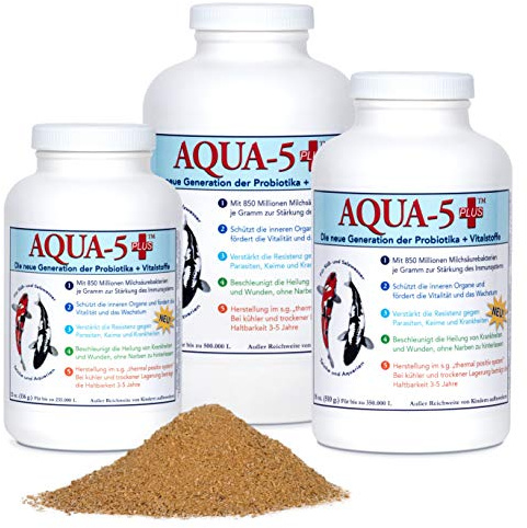 AQUA-5 PLUS+ die ganz Neue Generation der Milchsäurebakterien + Probiotika + Vitamine | Vorbeugung gegen Krankheiten bei Koi u. Zierfische Teiche, Gartenteiche, Aquarium - Inhalt: 336 g