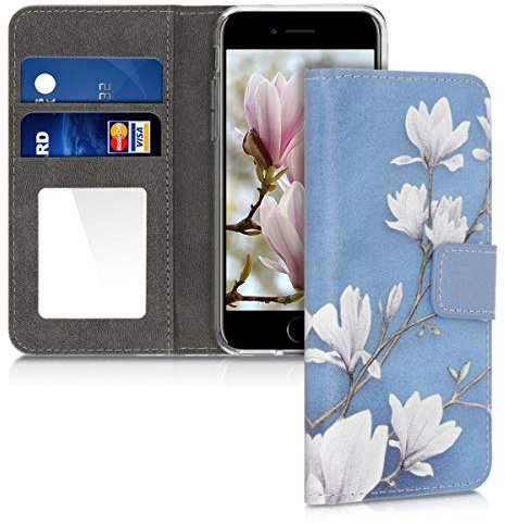 kwmobile Hülle kompatibel mit Apple iPhone SE (2022) / iPhone SE (2020) / iPhone 8 / iPhone 7 - Kunstleder Schutzhülle mit Kartenfach und Spiegel Magnolien Taupe Weiß Blaugrau