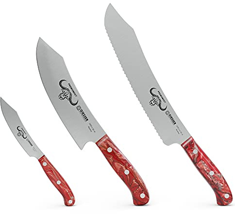 Giesser seit 1776 - Made in Germany - Messerset 3 teilig, Red Diamond, PremiumCut , Kochmesser 20 cm, Brotmesser 25 cm, Officemesser 10 cm, rot, rostfrei, Grillmesserset