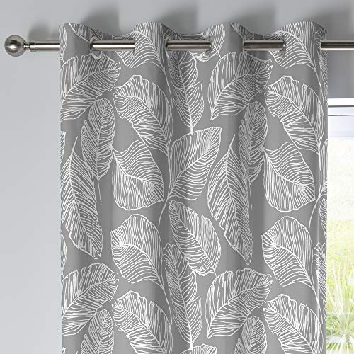 Fusion Grey Leaf Eyelet Curtains, W90 x L72 (229 x 183cm), 2 Panels, 100% Cotton, Tropical Print, Matteo Collection