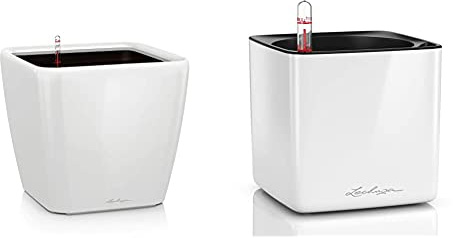 Lechuza Quadro Premium LS 21, Weiß Hochglanz, Hochwertiger Kunststoff, Inkl. Bewässerungssystem & Cube Glossy 14 hochwertiger Pflanzwürfel mit Stick -Bewässerungssystem, weiß highgloss