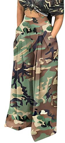 MESLIMA Women' s Camouflage Long Pants High Waist Wide Leg Stretchy Loose Fit Trousers with Pocket