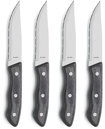 Amefa Hercule Steakmesser Set 4-tlg., Micro-Wellenschliff, Pakkaholz-Griff | Kastanie-Optik, Nietendesign, für Steak und Grill-Spezialitäten, 24, 9 cm, 2Cr14-Klingenstahl, robuste Verarbeitung