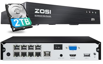 ZOSI 8CH 4K 8MP POE NVR, 8 Channel H.265+ Network Video Recorder, Pre-Installed 2TB Hard Drive, Home Security Surveillance NVR, 24/7 Recording, Only Work with ZOSI 4K/5MP/4MP/3MP/2MP HD PoE Cameras