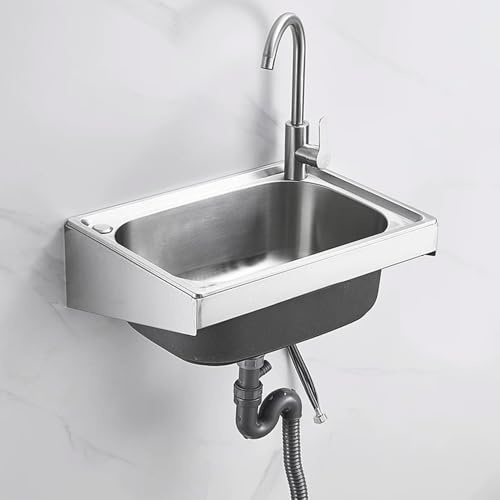 Edelstahl Spülbecken Kommerzielles Einzelbecken-Waschbecken,Wandmontage Ausgussbecken Mit heißem und kaltem Wasserhahn,Haushaltsspülbecken,Für Bar Küche Restaurant (48x35cm)
