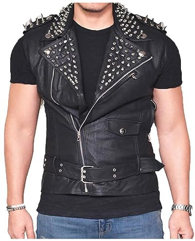HiFacon Herren-Lederweste im Punk-Rock-Stil mit Nieten, schmale Passform, Motorradjacke im Brando-Stil, Schwarz - Echtleder, S
