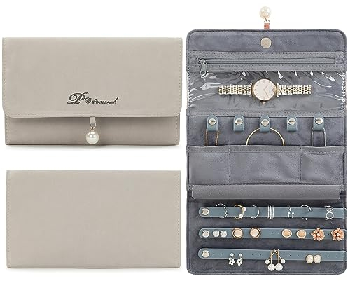 VanFn Rouleaux de bijoux, organisateur de bijoux de voyage, étui à bijoux pliable, sac de rangement pour bijoux pour femmes, pour bagues, colliers, boucles d'oreilles, bracelets, montres, broches