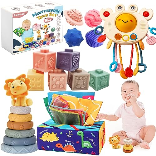 Auezona 5 in 1 Baby Spielzeug, Montessori Spielzeug, Stapelturm, Blöcken,Tücherbox Baby,Quetsch Bälle Sensorisches,Geschenk Junge Mädchen