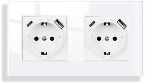 JIMEIDA Glas Doppelsteckdose mit USB Weiß Unterputz, USB A und Typ C Port max.2.1A, 16Amp Gehärteter Glasscheibe Steckdose 157mm*86mm,2 Fach,250V