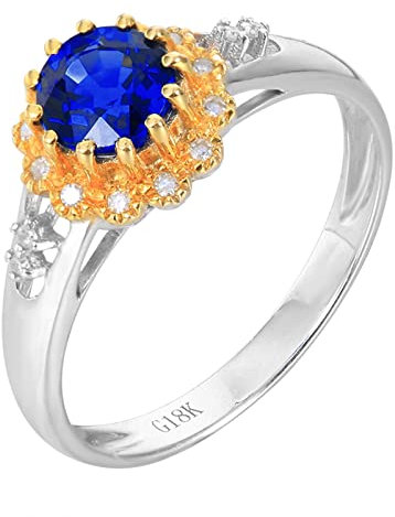 Epinki Freundschaftsringe Weißgold 18K Au750 Frauen, Echtschmuck Labor Erstellt Saphir 1.19ct Rund Eheringe Blau Blumen Freundschaftsringe 750 Weißgold mit Moissanit, Gr.52 (16.6)