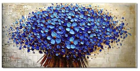 XIUWOUG Ölbilder Auf Leinwand 100% Handgemalt, Moderne Abstrakte blau Palette Blume Messer Malerei Gemälde Handgemalt | Acrylgemälde | Acrylbild I Kunstbilder,140x70cm(Rolled Canvas)