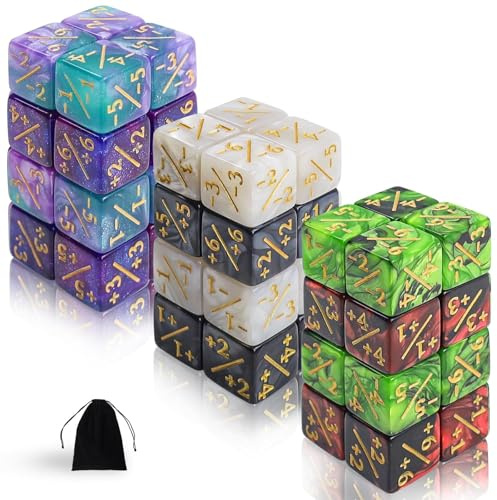 48 Stück MTG Würfelset, +1/+6 & -1/-6 Zähler, Würfel Glitter Sparkle Dice | MTG-Würfel Set Token, Loyalität Würfel Starry Marble D6 Würfel kompatibel, Sternennacht Lila Rot Grün Schwarz Weiß
