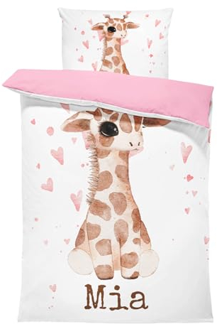 Pictogogo Ensemble de Parure de Lit Personnalisable avec Nom pour Bébé et Enfant - Couleur de Base en Coton sélectionnable - Housse de Couette Zippée et Taie d'oreiller avec Girafe - 100 x 135 cm