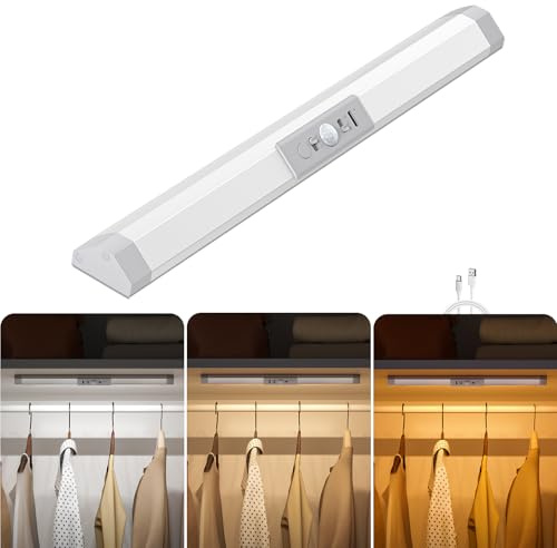 WOBANE Luz Armarios con Sensor de Movimiento y Recargable | Protección Ocular, 3 Colores y Regulable, para Bajo Mueble Cocina, Vitrina, Estanterías, 30cm