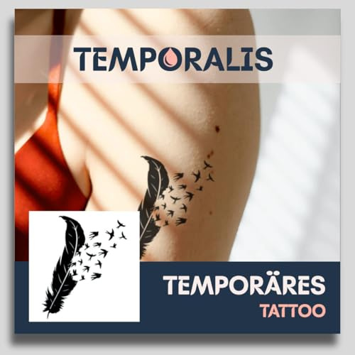 Fake Tattoo Feder – Temporalis® | Temporäre Tattoos für Erwachsene – EU-zertifizierte Kosmetik, vegan & wasserfest – Hält 1 bis 2 Wochen [ Feder und fliegende Vögel ]
