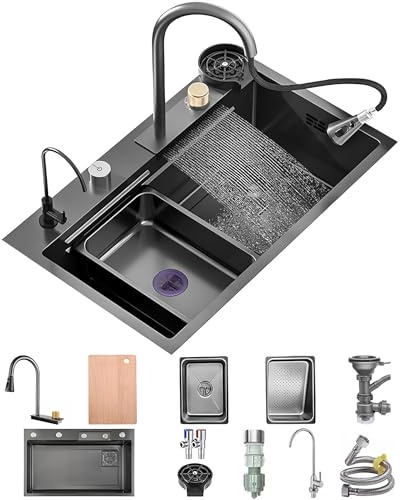 OMGMTSTORE Lavello Cucina 1 vasca 75 x 50 cm,Lavandino Cucina in acciaio inox,Lavello Cucina Antracite Nero,Grande Lavandino Cucina multifunzione con rubinetto,Lavello Mobile,Tagliere,Dispenser Sapone