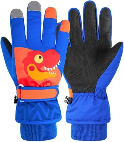 HNGEMSY Waterproof Kids Gloves Winter Cold Weather Fleece Lined Thermal Warm PU Palm Snow Ski Cycling Glove for Age1-13 Boys Girls Kid Boy Toddler Girl Children Skiing Snowboarding (dinosaur, M)