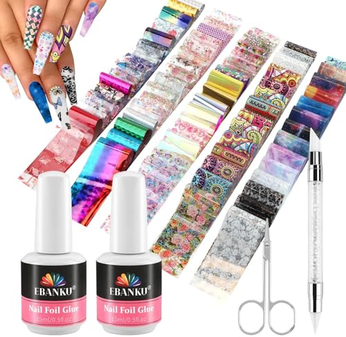 EBANKU Nagelfolie Kleber Gel Set, 30ML Nagelkleber mit 80 Stück Blume Schmetterling Klassische Spitze Transfer Folie Aufkleber für DIY Maniküre oder Salon, UV LED Lampe erforderlich