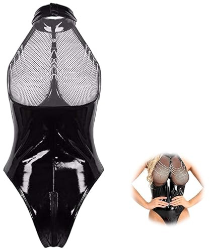 MUNSKT Women Wetlook Patent Leather Halter Neck Fishnet Bust Zipper Crotch Leotard Bodysuit Teddy Lingerie