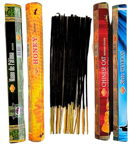 80 Varillas de Incienso Natural sin Tóxicos + Bolsa Antihumedad – Pack Orgánico de Larga Duración para Meditación, Yoga, Sahumerios y Aromaterapia – Miel, Gato Chino, Fátima, 7 Chakras