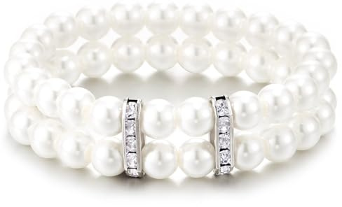 COOLSTEELANDBEYOND Doppelsträngig Perle Armband, Strass Abstandhalter, Vintage Inspiriert Braut Schmuck, Elegante Statement