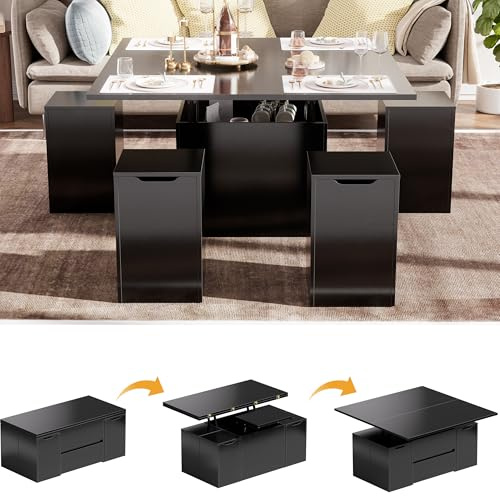 Couchtisch Umwandelbar in Wohnzimmer-Esstisch, 4 in 1 Couchtisch Höhenverstellbar, Multifunktions-Wohnzimmertisch mit Schublade & verstecktem Fach, Sofatisch Kaffeetisch Esstisch mit 4 Hockern,Schwarz