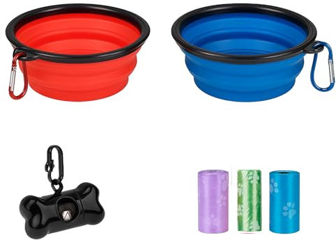 CYNENYC Kit Bebedero Comedero Plegable para Perros + Dispensador de Bolsas con 3 Rollos de Regalo, 2 uds de Cuenco de Silicona Premium, Tazón Portatil de 350 ml para Viajes, Paseos o Excursiones.
