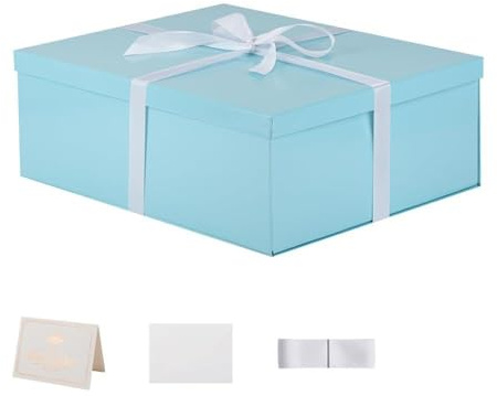 Große Geschenkbox, blau, 42 x 32 x 15,5 cm, leere Geschenkbox, Geburtstag, Hochzeit, 2 Stück (enthält Band, Seidenpapier, Umschläge und Karten)