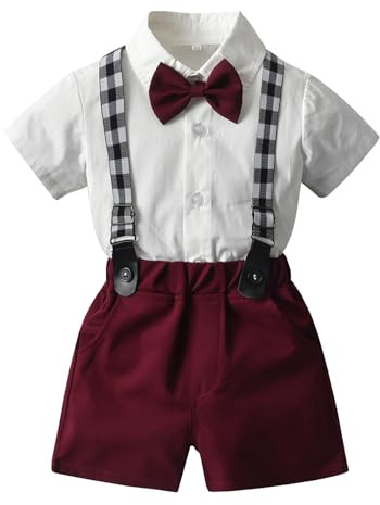 Yishengwan Bimbo Completini e Coordinati Gentiluomo, Completo Cerimonia Bambino Pantaloncini con Bretelle + Camicia e Papillon per Ragazzi Rosso Vino 2-3 Anni