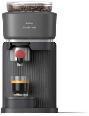 Philips Baristina Espresso Machine, Grind, Tamp & Brew Coffee Beans in One Swipe, Compact, 16 Bar Pump Pressure, Automatic Grinder, Black with Berry Red Portafilter (BAR301/60)