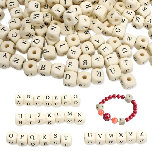 Eddrfy 300 Stück Holzbuchstaben Perlen Set, Quadratische Buchstabenperlen Holz Klein, Holz Würfel Perlen zum Auffädeln, Alphabet Beads für Armbänder Halsketten DIY Basteln