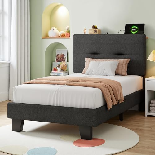 GalnFu Single Bed Frame with Storage Linen Headboard, Upholstered Platform Bed Frame Single beds with Charging Station, Sturdy Wooden Slat Support, No Box Spring Needed, Easy Assembly, Dark gray