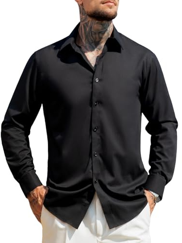 Casey Kevin Mens Shirts Long Sleeve Dress Shirt Non Iron Stretch Formal Shirts Bamboo Fiber Business Regular Fit Casual Work Shirt,Black,S