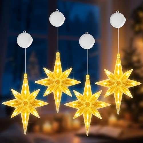 OUILA 4 Stück Nordstern Weihnachtsdeko Fenster Beleuchtet, LED Bethlehem Stern mit Saugnäpfe & Timer Lichterkette Fenster Batterie Weihnachtsbeleuchtung Innen für Weihnachts Decor Weihnachtsgeschenke