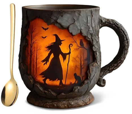 3D Vintage Witch Mug, Novelty Resin Mug with Stainless Steel Spoon for Daily Use, Witch Travel Mugs for Hot Drinks, Cute Vintage Coffee Cup - Birthday Gifts for Women Men, Witchy Gifts for Women